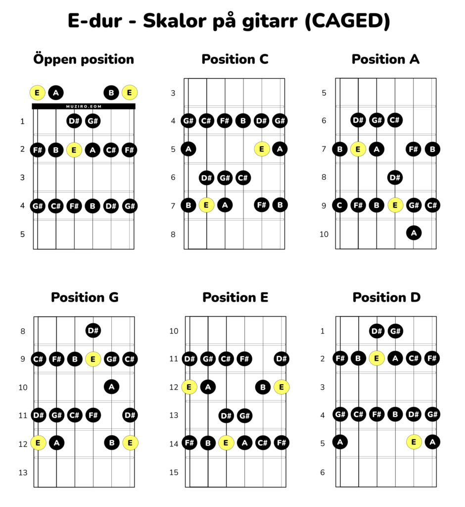 E-durskalor på gitarr enligt CAGED-systemet